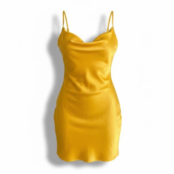 Urban Outfitters Cowl Neck Slip Dress M Satin Mini Yellow Party Cocktail NWT - Picture 1 of 10